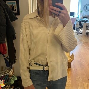 Reformation Cream Ribbed Button Down Sweater